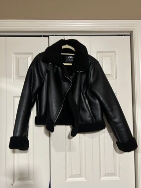 Zara Black Faux Leather Shearling Moto Jacket
